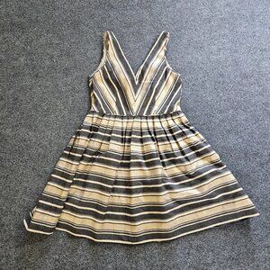 J Crew Women's Gold and Black Striped V-Neck Sleeveless A-Line Party Cocktail Dr
